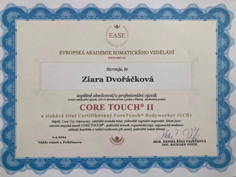 CORE TOUCH® 2 - Profesionální výcvik sexuality pro pokročilé v Evropské akademii somatického vzdělávání - EASE - Certifikovaný CoreTouch® Bodyworker (CCB)